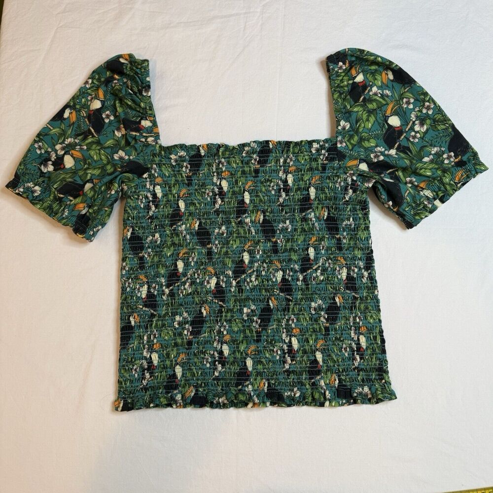 Dolan Left Coast Green Smocked Top Sm Puff Sleeve Tropical Toucan‎ Anthropologie